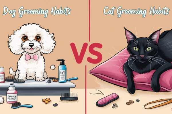 Comparison of dog grooming habits and cat grooming habits highlighting their unique hygiene routines.