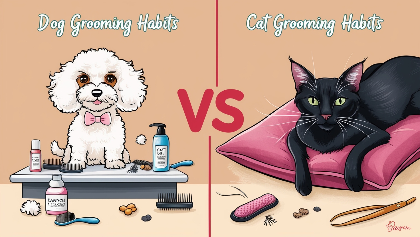 Comparison of dog grooming habits and cat grooming habits highlighting their unique hygiene routines.